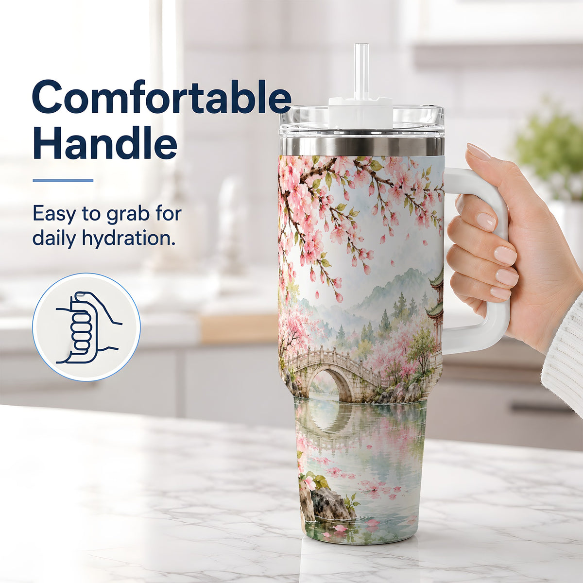 #pl[40oz|White] Cherry Blossom Garden 40oz Tumbler, Stainless Steel Scenic Drinkware
