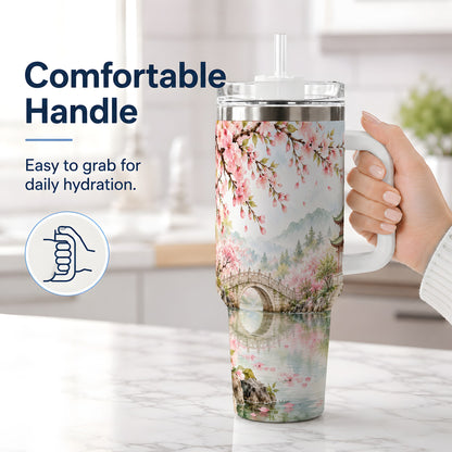 #pl[40oz|White] Cherry Blossom Garden 40oz Tumbler, Stainless Steel Scenic Drinkware
