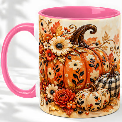 #pl[11oz|Pink] Autumn Pumpkin Floral Accent Mug, Ceramic Coffee Cup