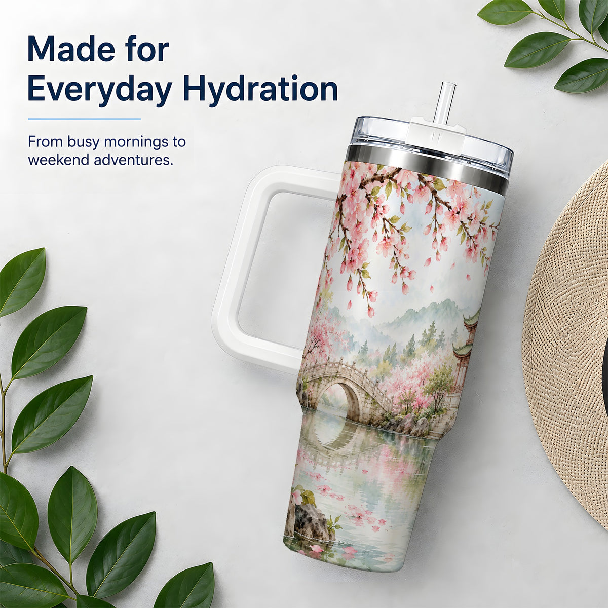 Cherry Blossom Garden 40oz Tumbler, Stainless Steel Scenic Drinkware