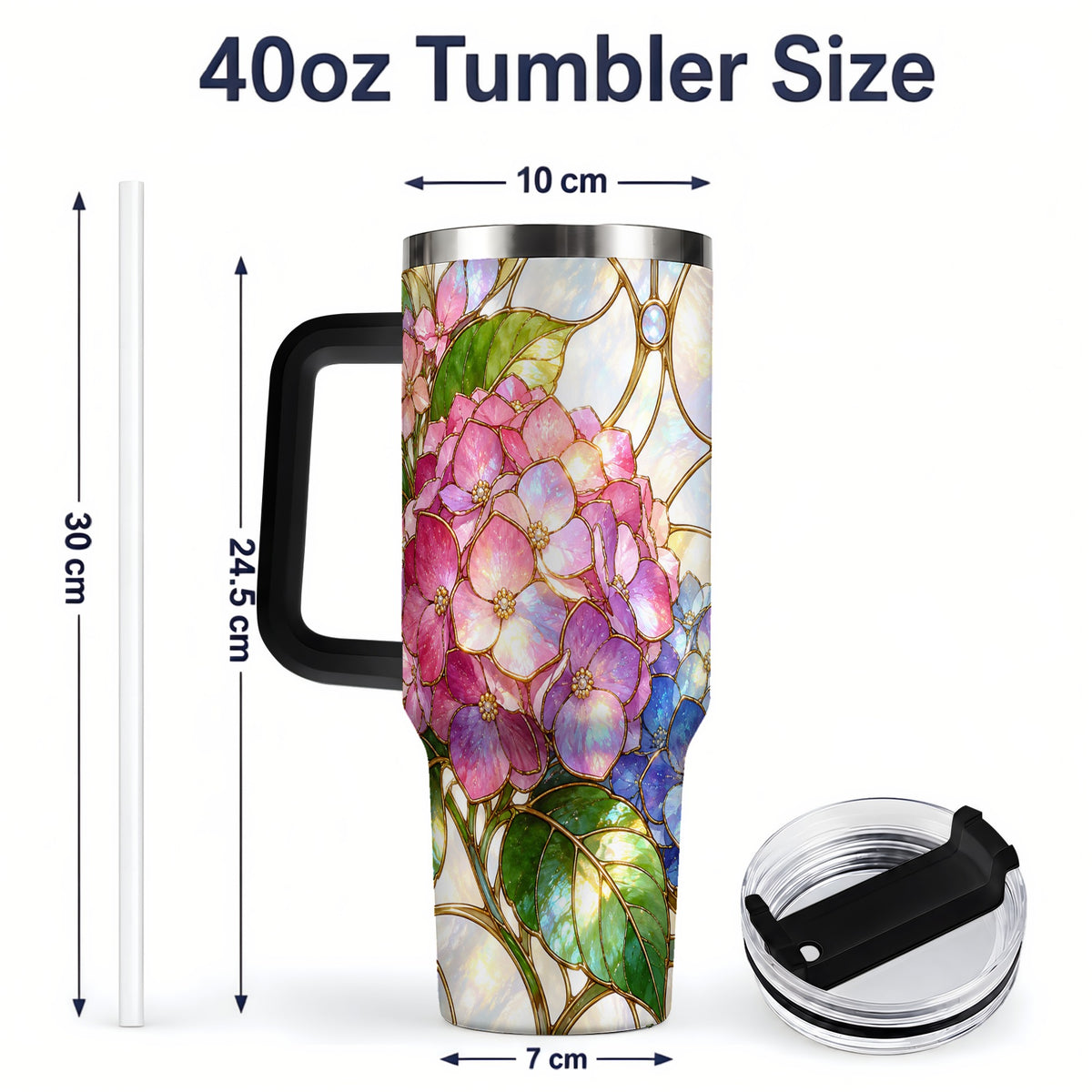 #pl[40oz|Black] Stained Glass Style Hydrangea 40oz Tumbler, Stainless Steel Drinkware