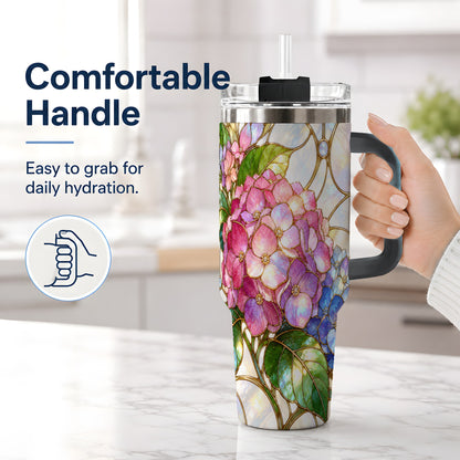 #pl[40oz|Black] Stained Glass Style Hydrangea 40oz Tumbler, Stainless Steel Drinkware