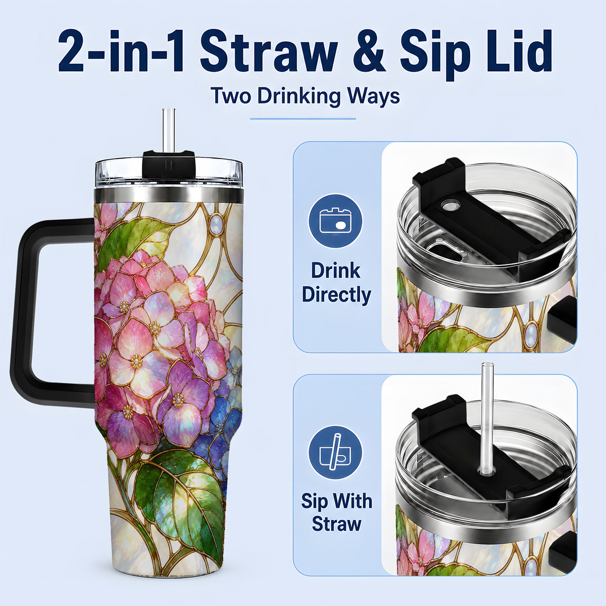 #pl[40oz|Black] Stained Glass Style Hydrangea 40oz Tumbler, Stainless Steel Drinkware
