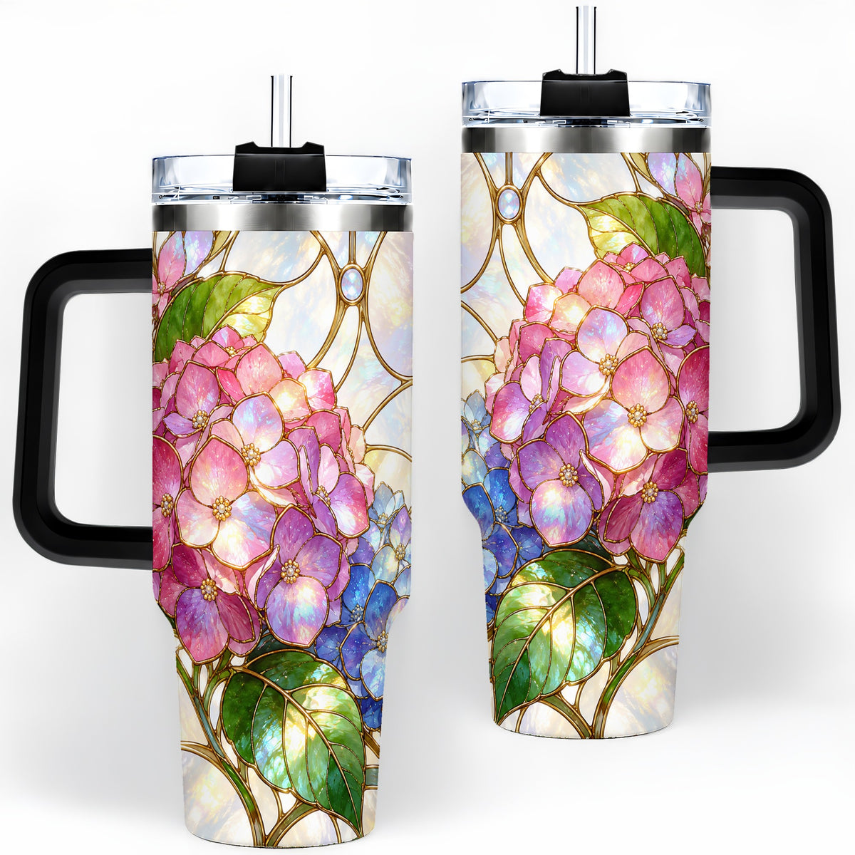 #pl[40oz|Black] Stained Glass Style Hydrangea 40oz Tumbler, Stainless Steel Drinkware