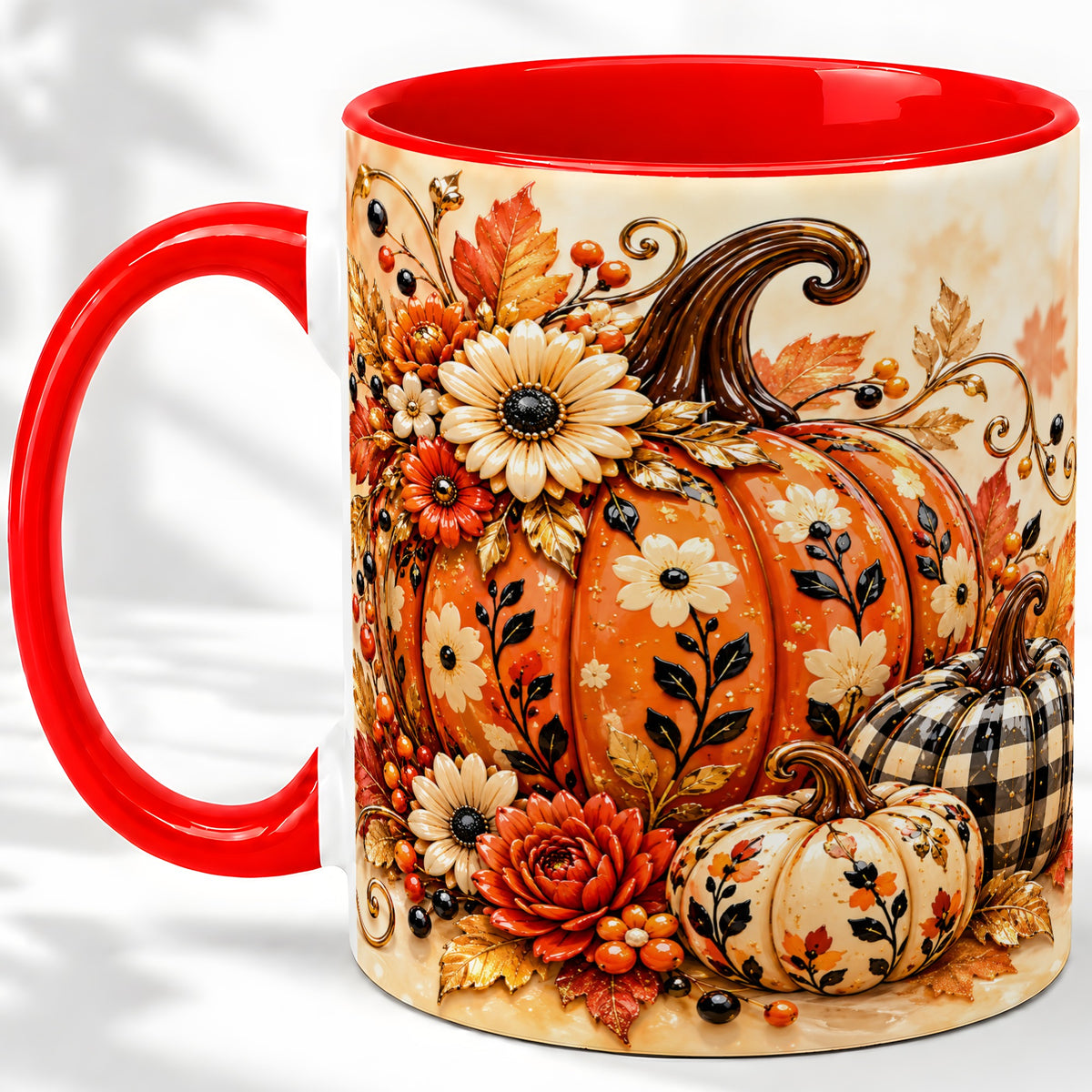 Autumn Pumpkin Floral Accent Mug, Ceramic Coffee Cup