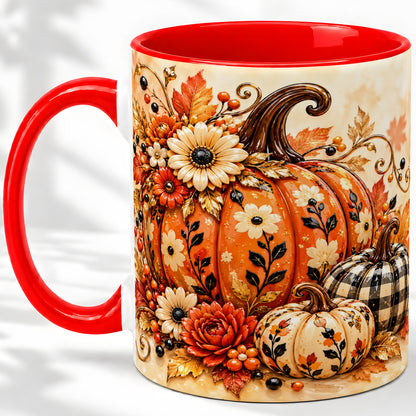 Autumn Pumpkin Floral Accent Mug, Ceramic Coffee Cup