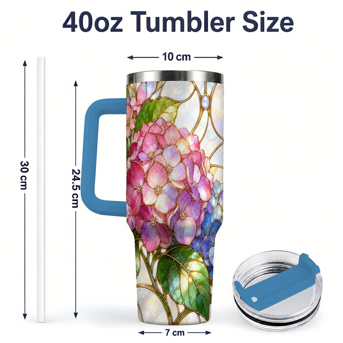 #pl[40oz|Blue] Stained Glass Style Hydrangea 40oz Tumbler, Stainless Steel Drinkware