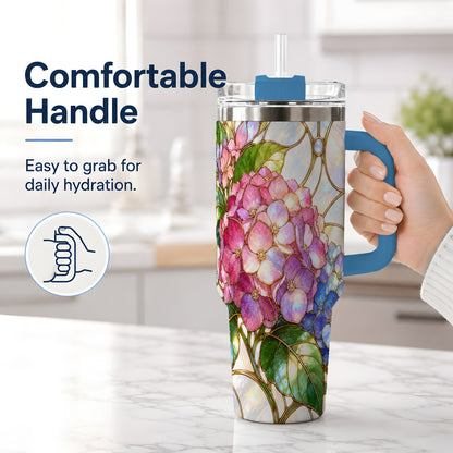 #pl[40oz|Blue] Stained Glass Style Hydrangea 40oz Tumbler, Stainless Steel Drinkware