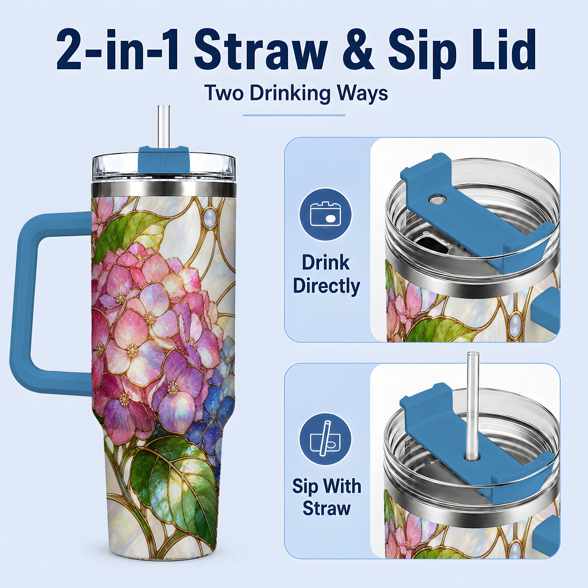 #pl[40oz|Blue] Stained Glass Style Hydrangea 40oz Tumbler, Stainless Steel Drinkware