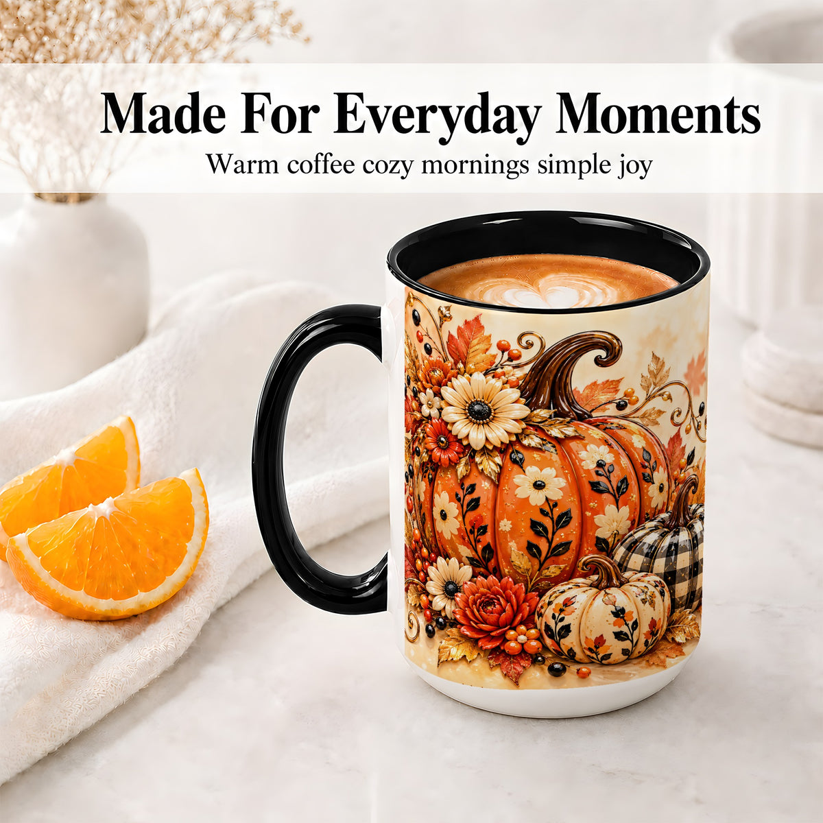 #pl[15oz|Black] Autumn Pumpkin Floral Accent Mug, Ceramic Coffee Cup