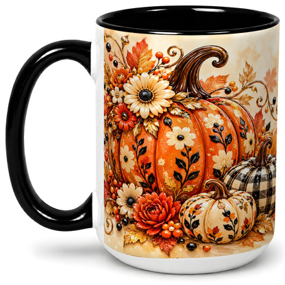 #pl[15oz|Black] Autumn Pumpkin Floral Accent Mug, Ceramic Coffee Cup