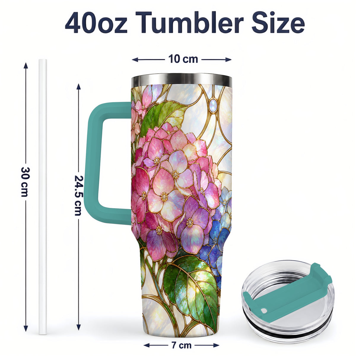 #pl[40oz|Green] Stained Glass Style Hydrangea 40oz Tumbler, Stainless Steel Drinkware