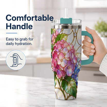#pl[40oz|Green] Stained Glass Style Hydrangea 40oz Tumbler, Stainless Steel Drinkware