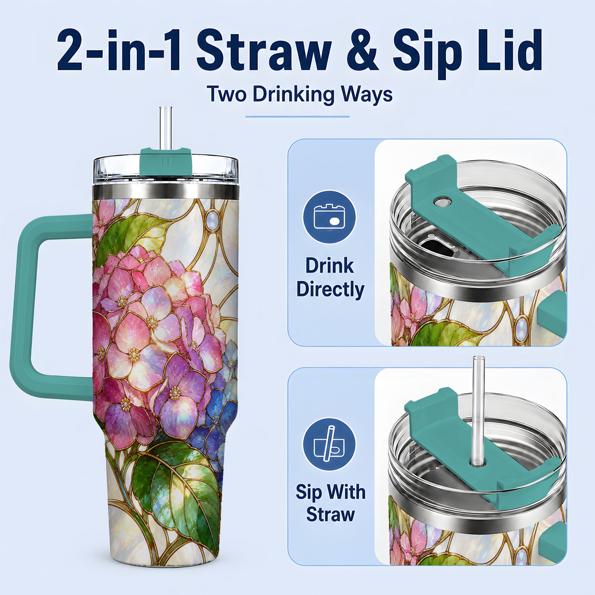 #pl[40oz|Green] Stained Glass Style Hydrangea 40oz Tumbler, Stainless Steel Drinkware