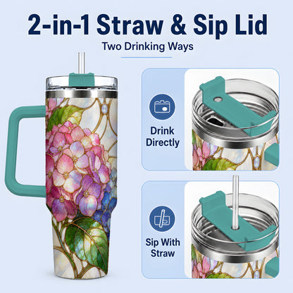#pl[40oz|Green] Stained Glass Style Hydrangea 40oz Tumbler, Stainless Steel Drinkware