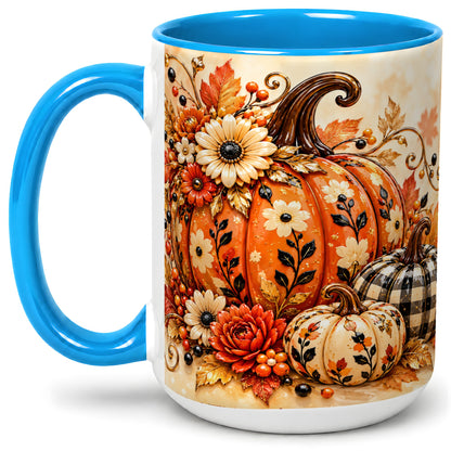 #pl[15oz|Blue] Autumn Pumpkin Floral Accent Mug, Ceramic Coffee Cup