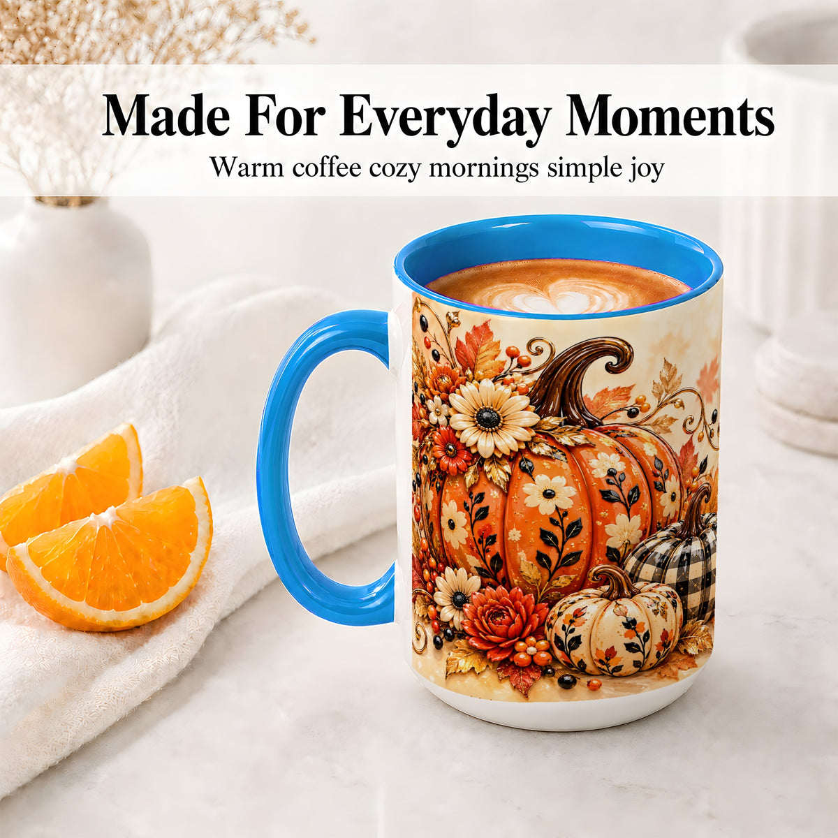 #pl[15oz|Blue] Autumn Pumpkin Floral Accent Mug, Ceramic Coffee Cup