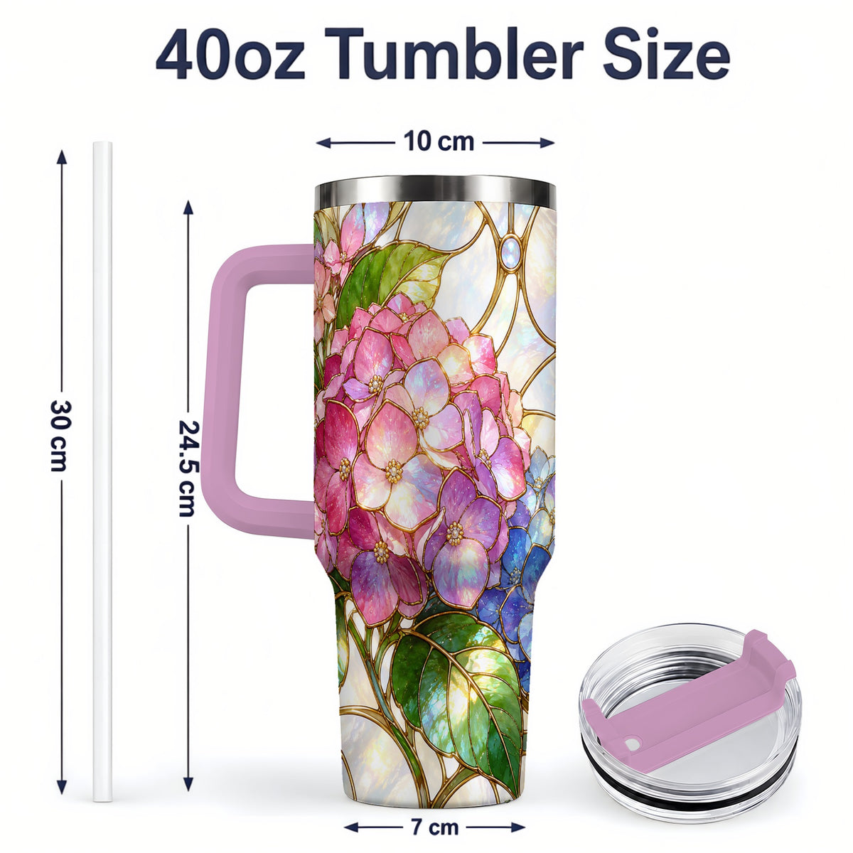 #pl[40oz|Pink] Stained Glass Style Hydrangea 40oz Tumbler, Stainless Steel Drinkware