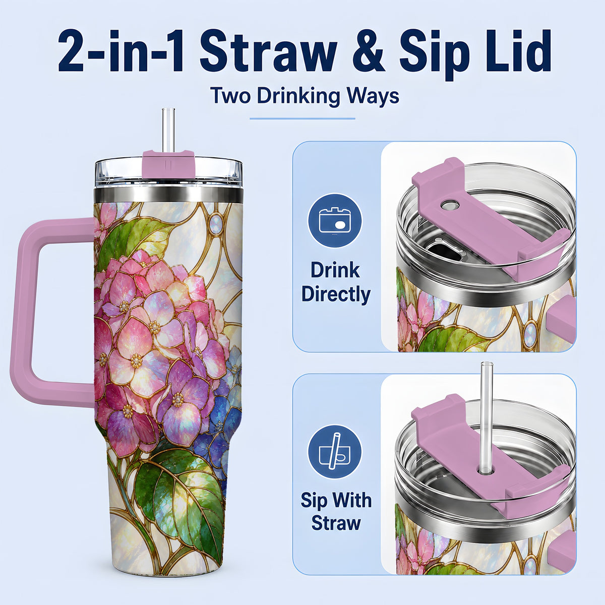#pl[40oz|Pink] Stained Glass Style Hydrangea 40oz Tumbler, Stainless Steel Drinkware