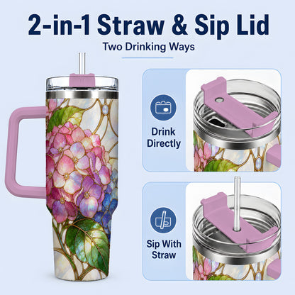 #pl[40oz|Pink] Stained Glass Style Hydrangea 40oz Tumbler, Stainless Steel Drinkware