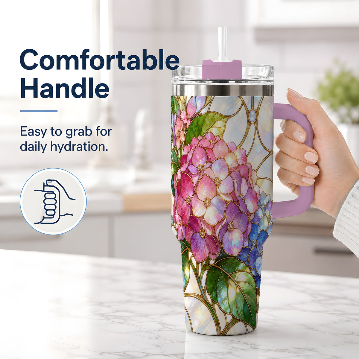 #pl[40oz|Pink] Stained Glass Style Hydrangea 40oz Tumbler, Stainless Steel Drinkware