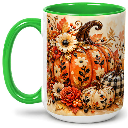 #pl[15oz|Green] Autumn Pumpkin Floral Accent Mug, Ceramic Coffee Cup