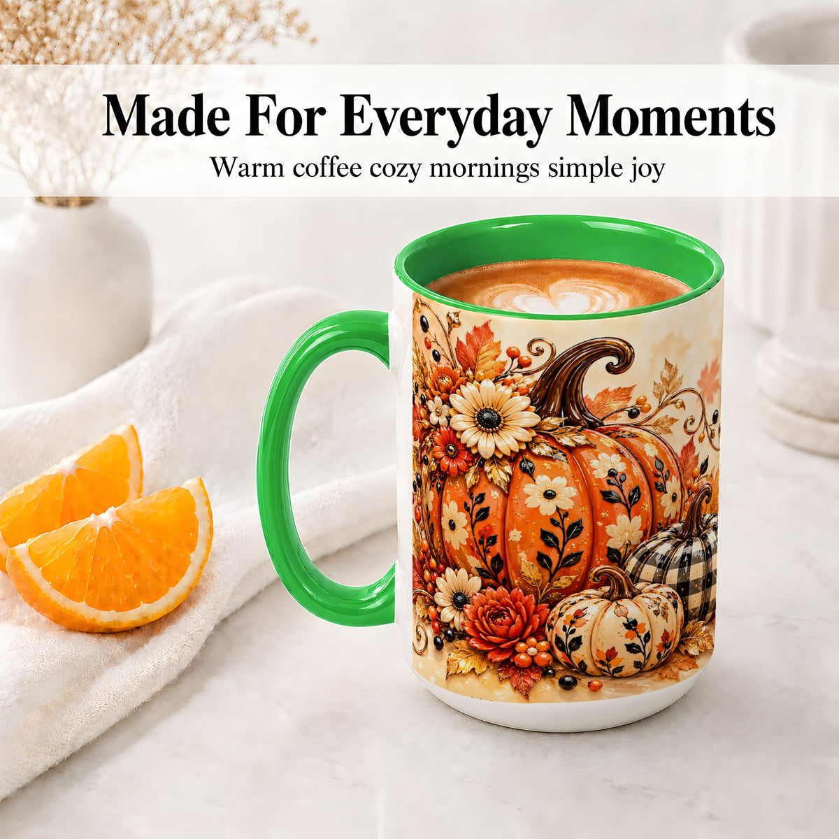#pl[15oz|Green] Autumn Pumpkin Floral Accent Mug, Ceramic Coffee Cup