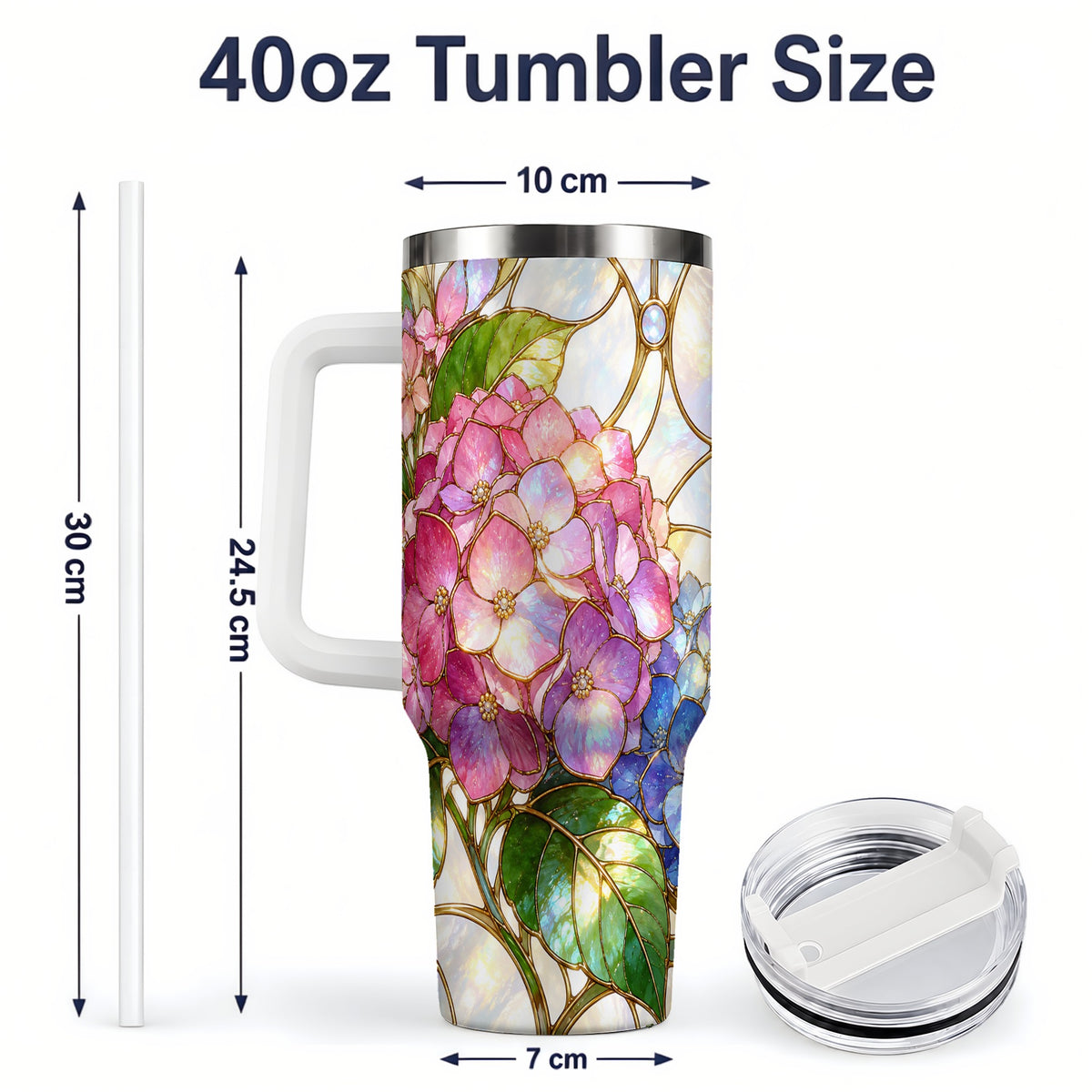 #pl[40oz|White] Stained Glass Style Hydrangea 40oz Tumbler, Stainless Steel Drinkware