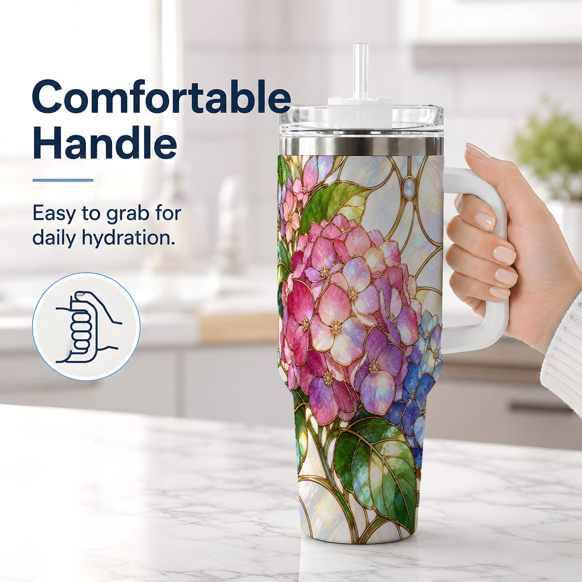 #pl[40oz|White] Stained Glass Style Hydrangea 40oz Tumbler, Stainless Steel Drinkware