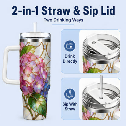 #pl[40oz|White] Stained Glass Style Hydrangea 40oz Tumbler, Stainless Steel Drinkware