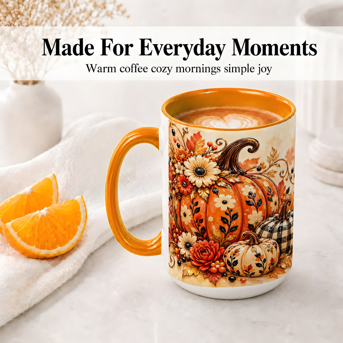 #pl[15oz|Orange] Autumn Pumpkin Floral Accent Mug, Ceramic Coffee Cup