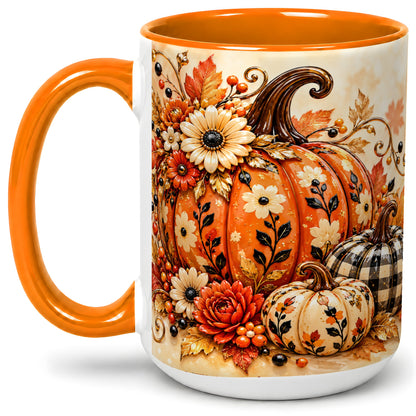 #pl[15oz|Orange] Autumn Pumpkin Floral Accent Mug, Ceramic Coffee Cup