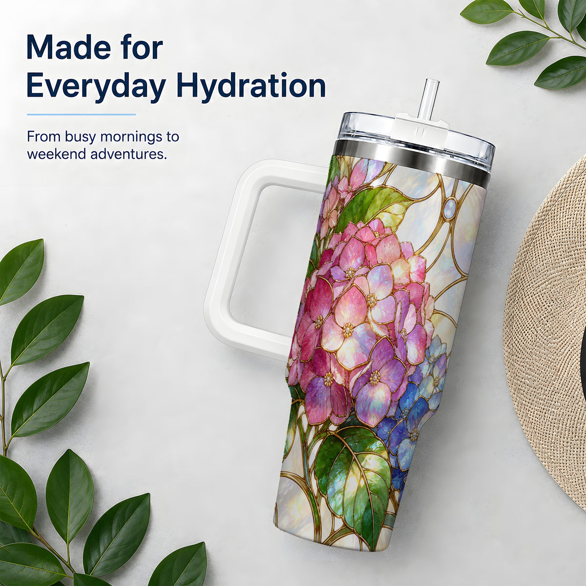 Stained Glass Style Hydrangea 40oz Tumbler, Stainless Steel Drinkware
