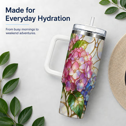 Stained Glass Style Hydrangea 40oz Tumbler, Stainless Steel Drinkware