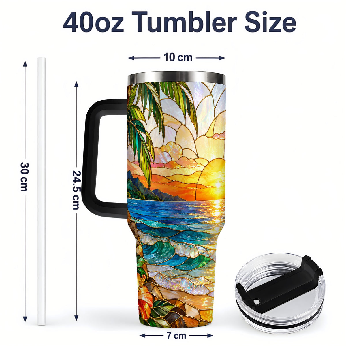 #pl[40oz|Black] Stained Glass Style Beach Sunset 40oz Tumbler, Stainless Steel Drinkware