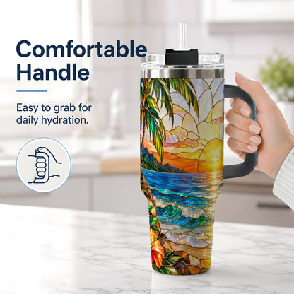 #pl[40oz|Black] Stained Glass Style Beach Sunset 40oz Tumbler, Stainless Steel Drinkware