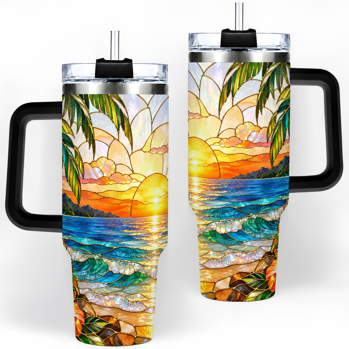#pl[40oz|Black] Stained Glass Style Beach Sunset 40oz Tumbler, Stainless Steel Drinkware
