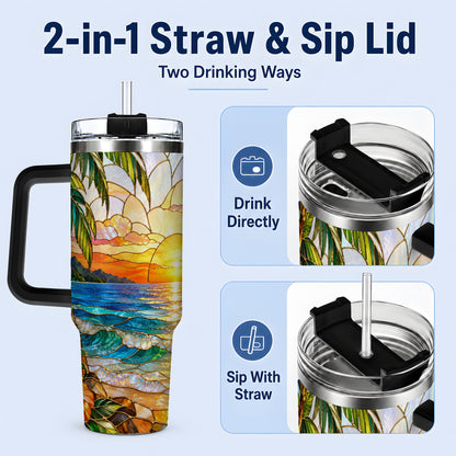 #pl[40oz|Black] Stained Glass Style Beach Sunset 40oz Tumbler, Stainless Steel Drinkware
