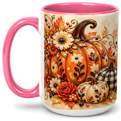 #pl[15oz|Pink] Autumn Pumpkin Floral Accent Mug, Ceramic Coffee Cup