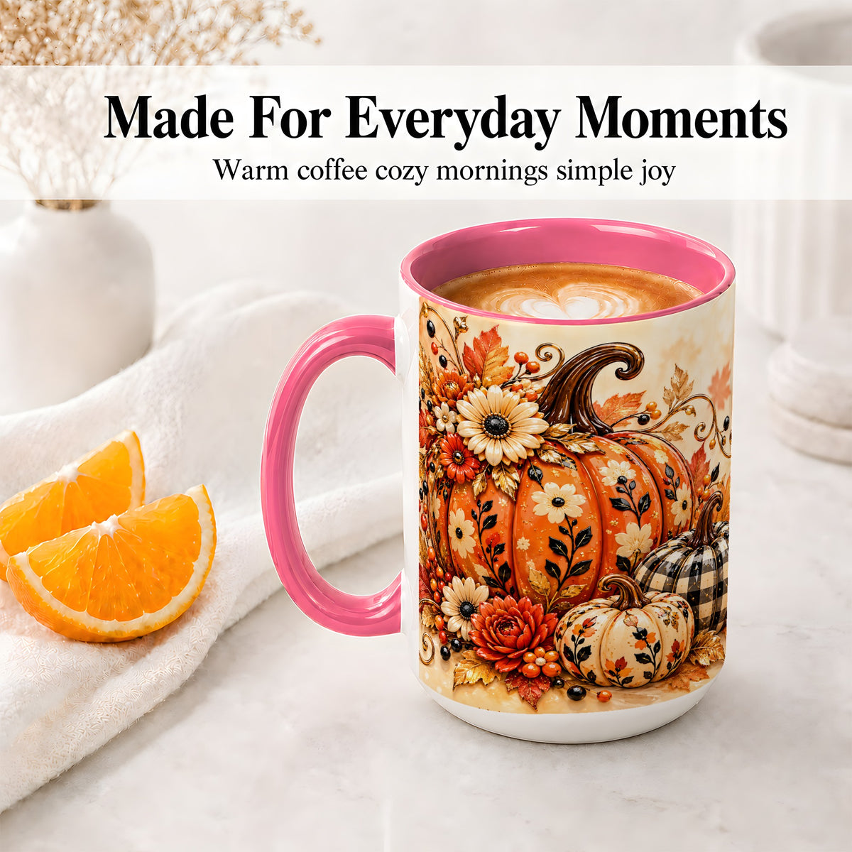 #pl[15oz|Pink] Autumn Pumpkin Floral Accent Mug, Ceramic Coffee Cup