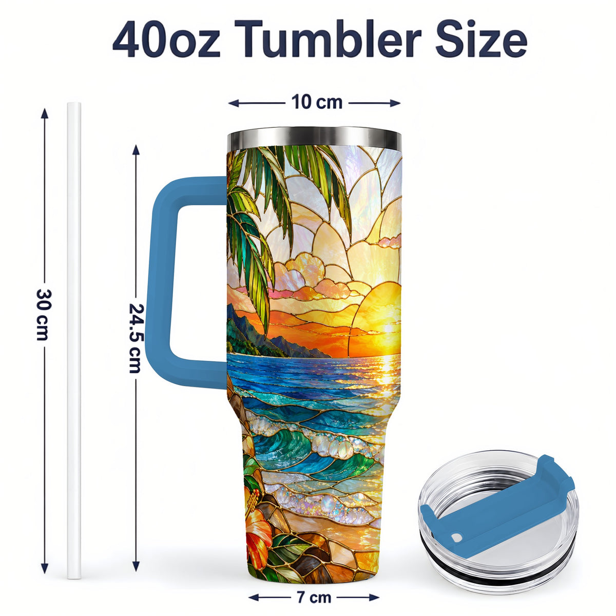 #pl[40oz|Blue] Stained Glass Style Beach Sunset 40oz Tumbler, Stainless Steel Drinkware