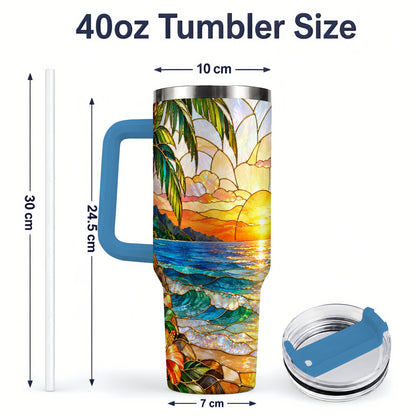 #pl[40oz|Blue] Stained Glass Style Beach Sunset 40oz Tumbler, Stainless Steel Drinkware