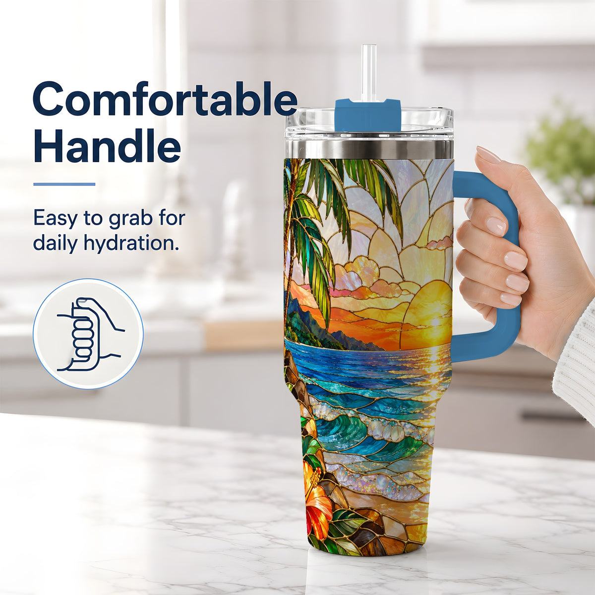 #pl[40oz|Blue] Stained Glass Style Beach Sunset 40oz Tumbler, Stainless Steel Drinkware