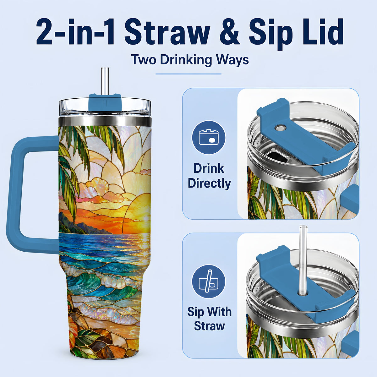 #pl[40oz|Blue] Stained Glass Style Beach Sunset 40oz Tumbler, Stainless Steel Drinkware