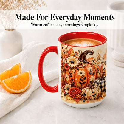 #pl[15oz|Red] Autumn Pumpkin Floral Accent Mug, Ceramic Coffee Cup