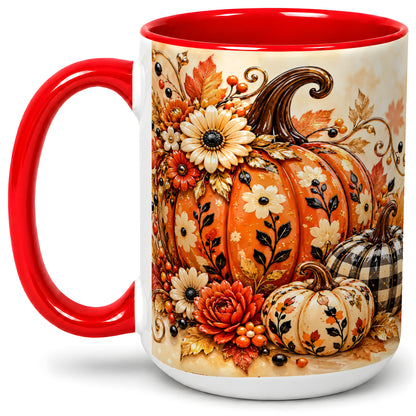 #pl[15oz|Red] Autumn Pumpkin Floral Accent Mug, Ceramic Coffee Cup