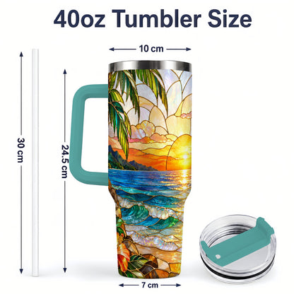 #pl[40oz|Green] Stained Glass Style Beach Sunset 40oz Tumbler, Stainless Steel Drinkware