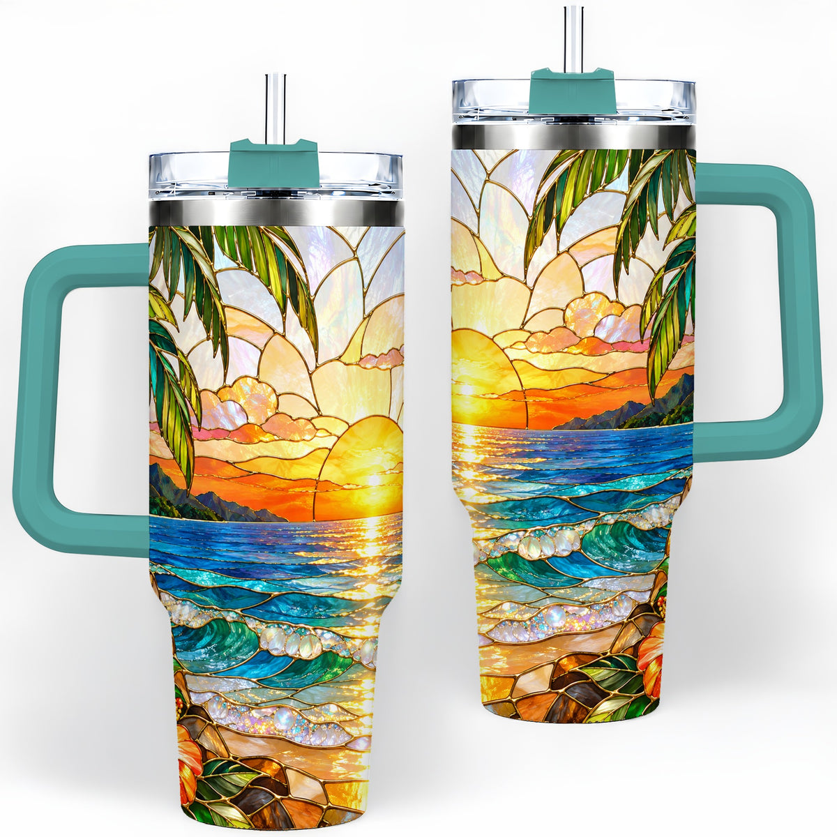 #pl[40oz|Green] Stained Glass Style Beach Sunset 40oz Tumbler, Stainless Steel Drinkware