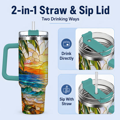 #pl[40oz|Green] Stained Glass Style Beach Sunset 40oz Tumbler, Stainless Steel Drinkware