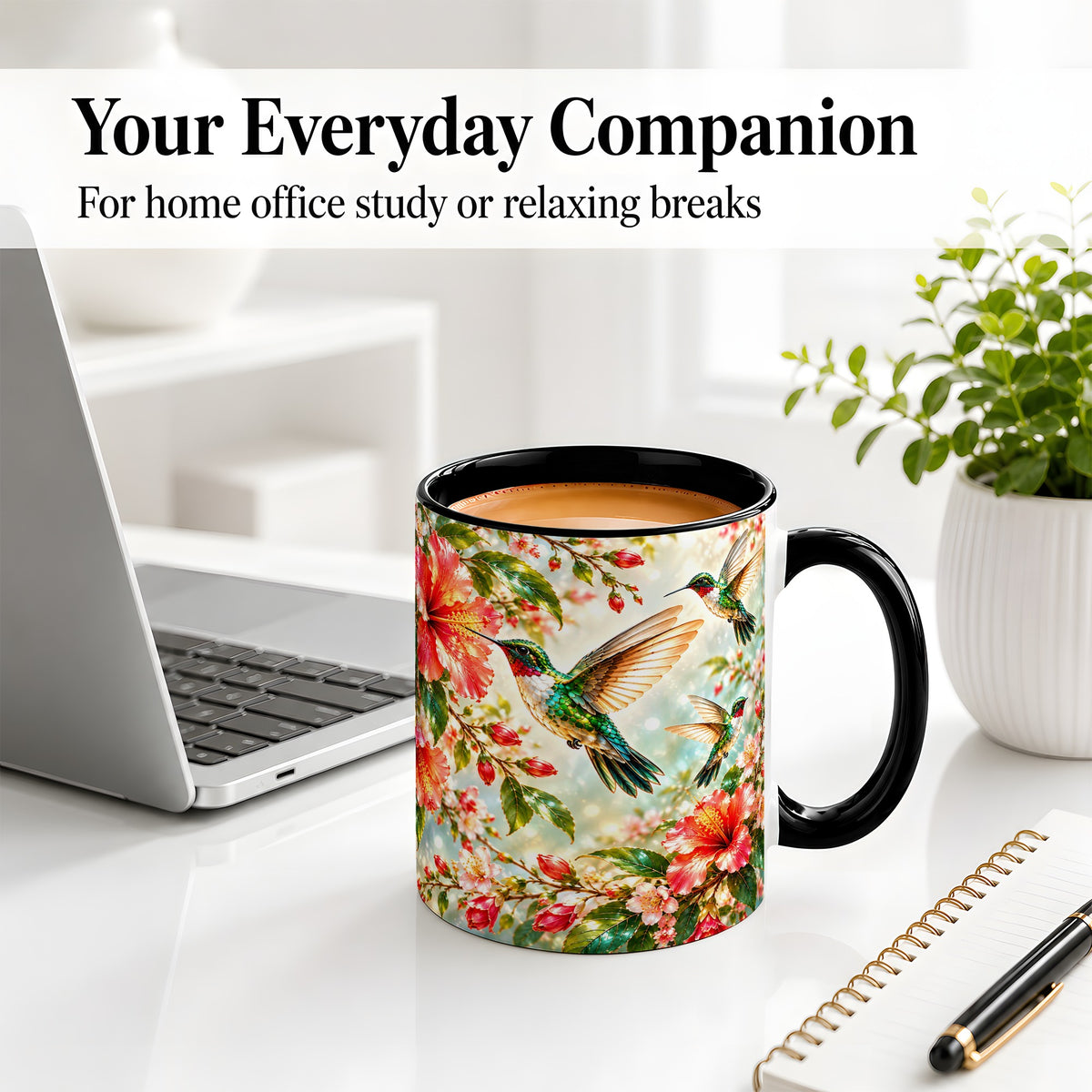 #pl[11oz|Black] Hummingbird Hibiscus Floral Ceramic Mug for Bird Lovers